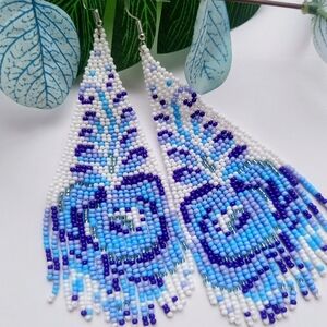 Blue and White Rose Beaded Earrings